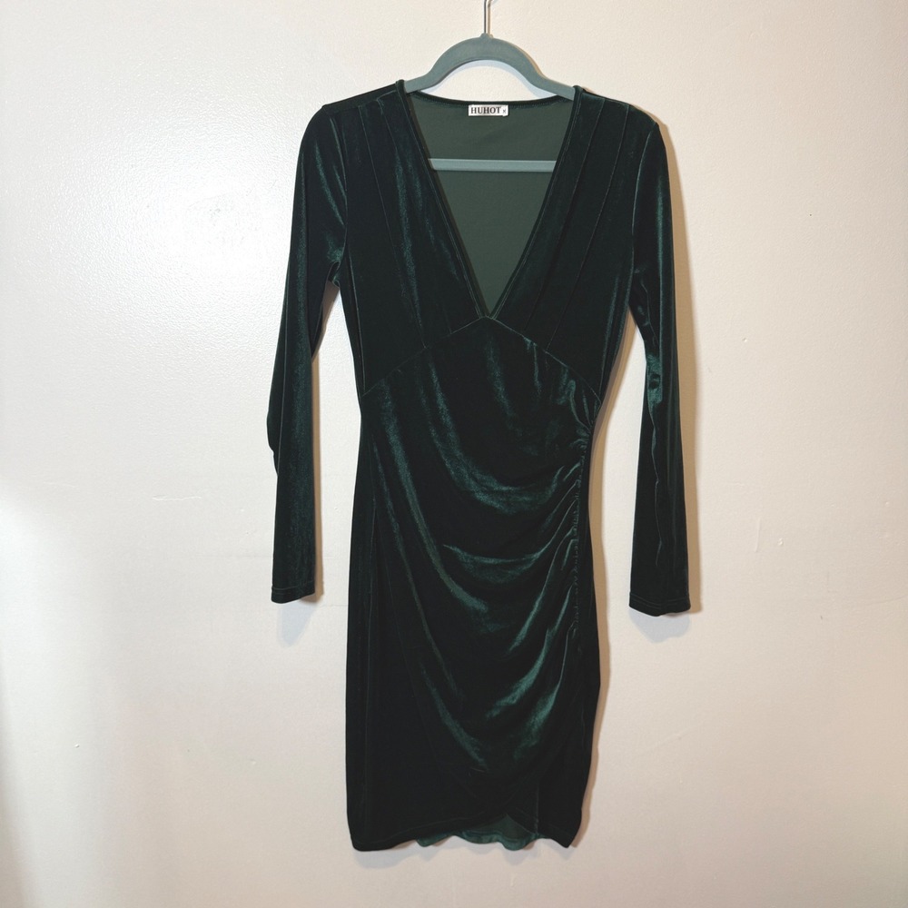 HUHUT Velvet Long Sleeve Ruched Bodycon Mini Dress Emerald Green Size Medium